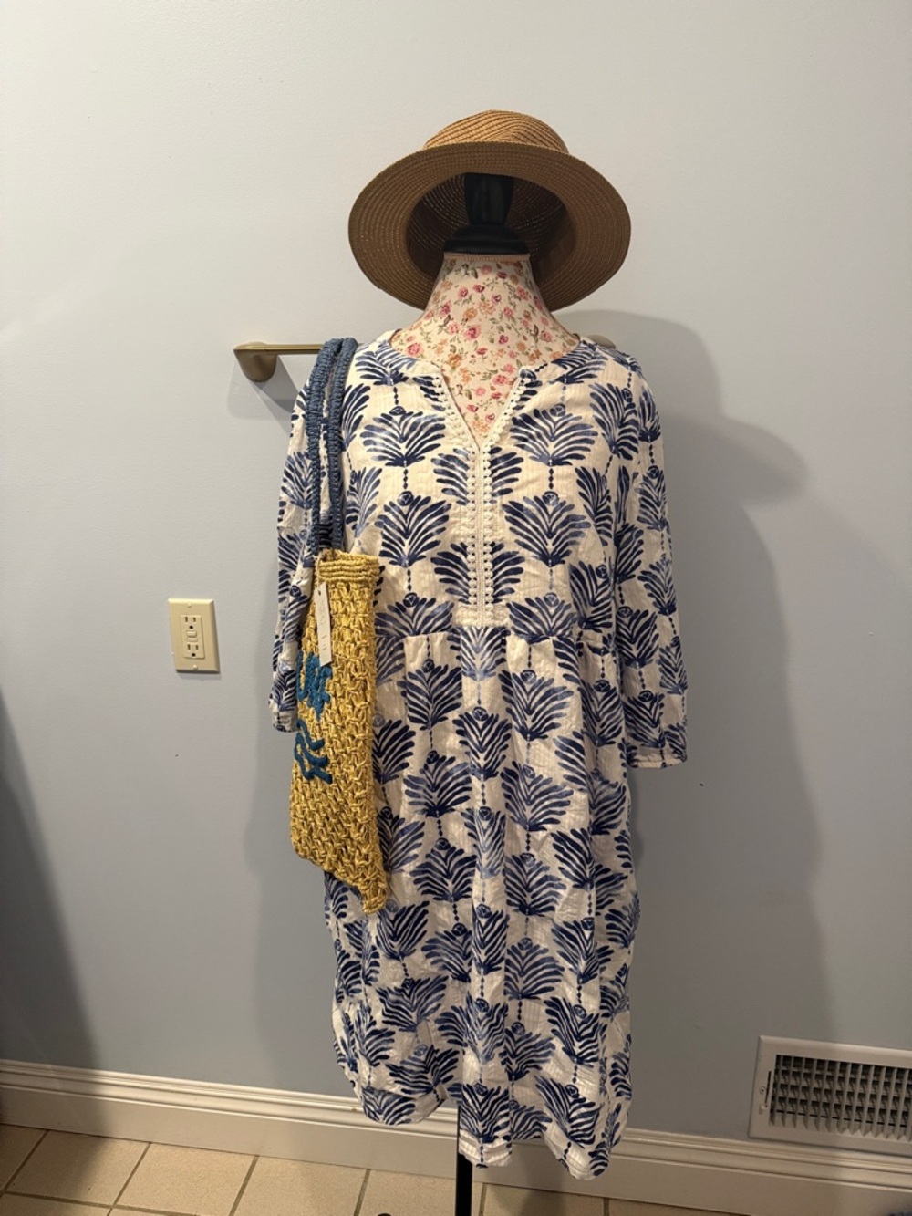 J. Jill White and Blue Printed dress with pockets. Included beach bag and hat